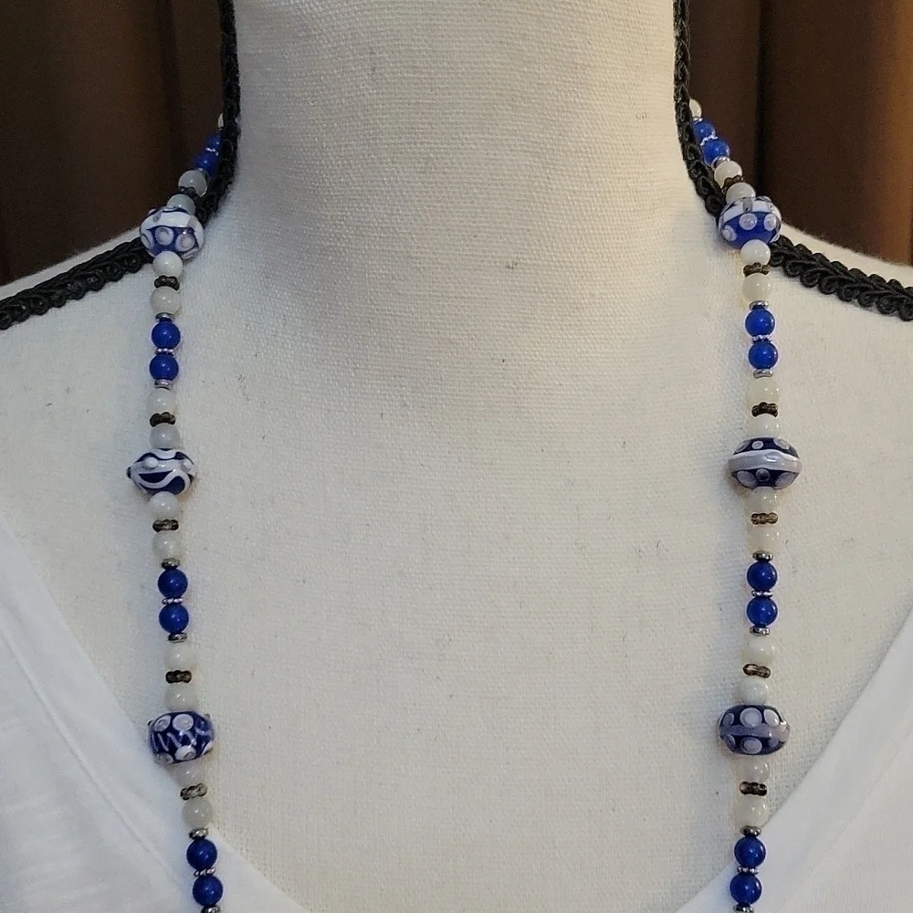 HANDMADE Chalcedony Moonstone Lampwork Beaded Artsy Opera Necklace